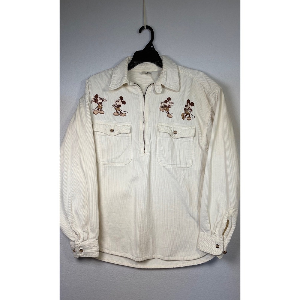 The Disney Store Corduroy Pullover Womens LG Cream EUC Mickey Mouse 1/4 Zip